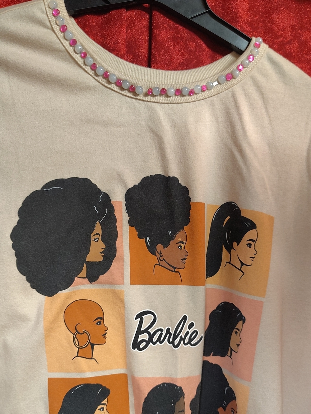 Barbie Tee with Pink Beaded Neckline and Multi-Tone Hair Panels